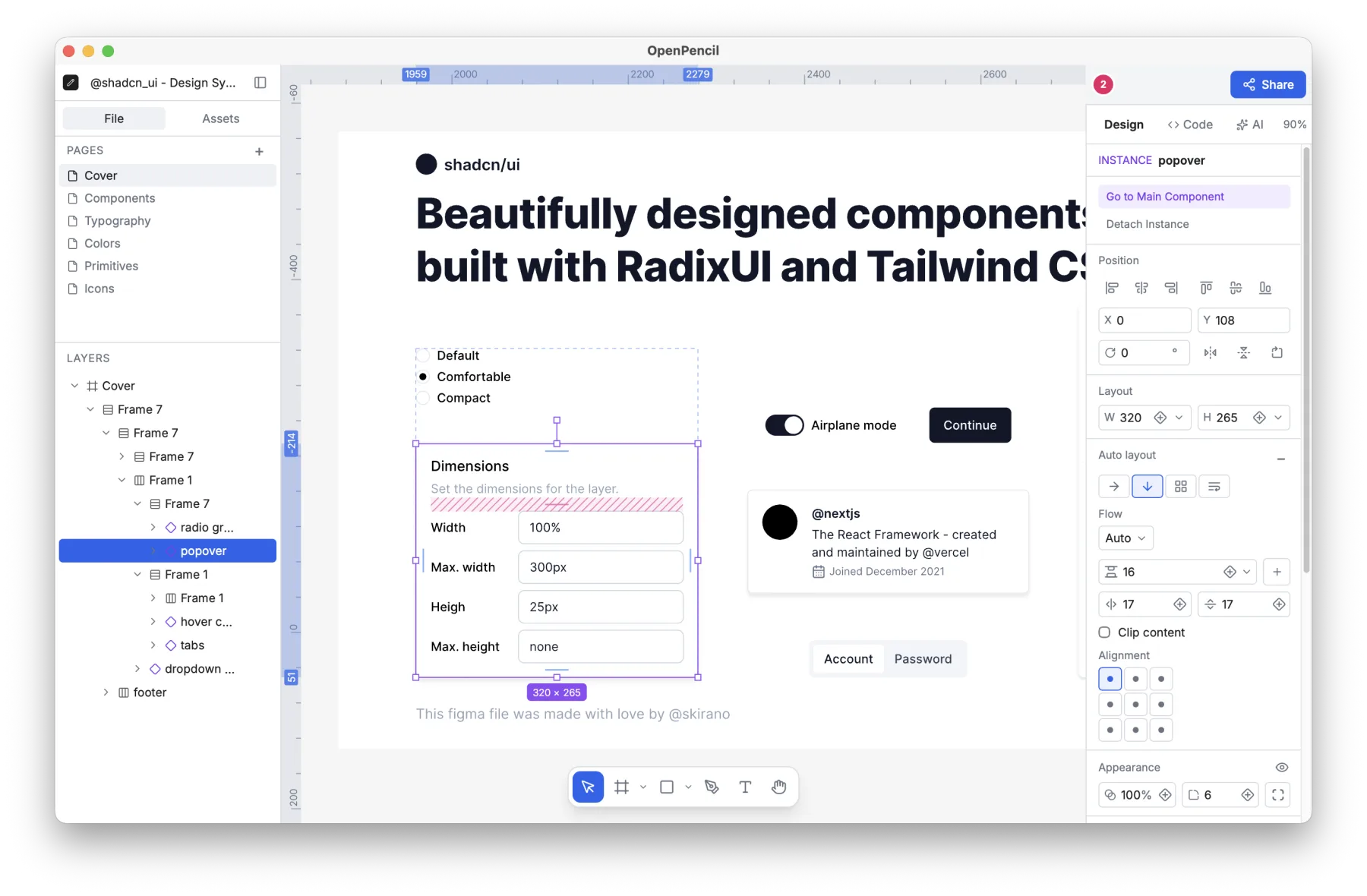 The OpenPencil editor with the shadcn/ui design system file open, showing the layers panel, canvas and inspector.